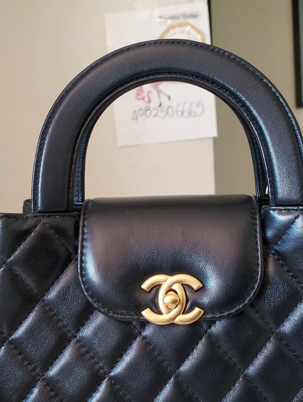 Chanel Kelly Shopping Bag Black Lambskin Gold Hw Receipt, Tag